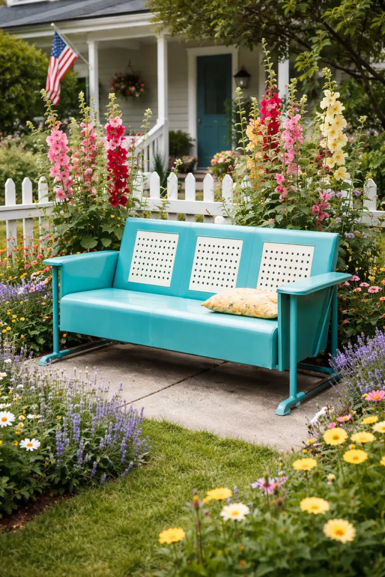 A realistic photo of a front yard featuring a restored turquoise metal glider from the nineteen fifties, sitting on a concrete pad surrounded by white picket fencing and a variety of colorful cottage garden flowers like hollyhocks.